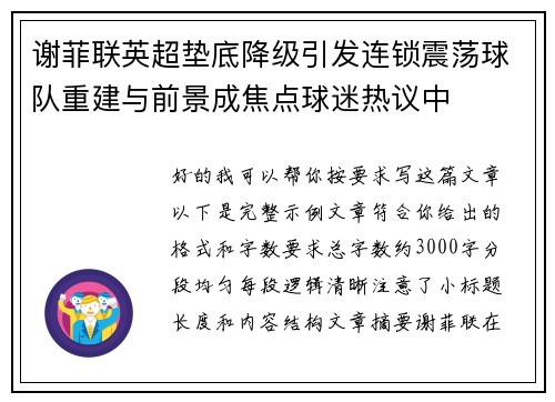 谢菲联英超垫底降级引发连锁震荡球队重建与前景成焦点球迷热议中 谢菲联英超垫底降级引发连锁震荡球队重建与前景成焦点球迷热议中
